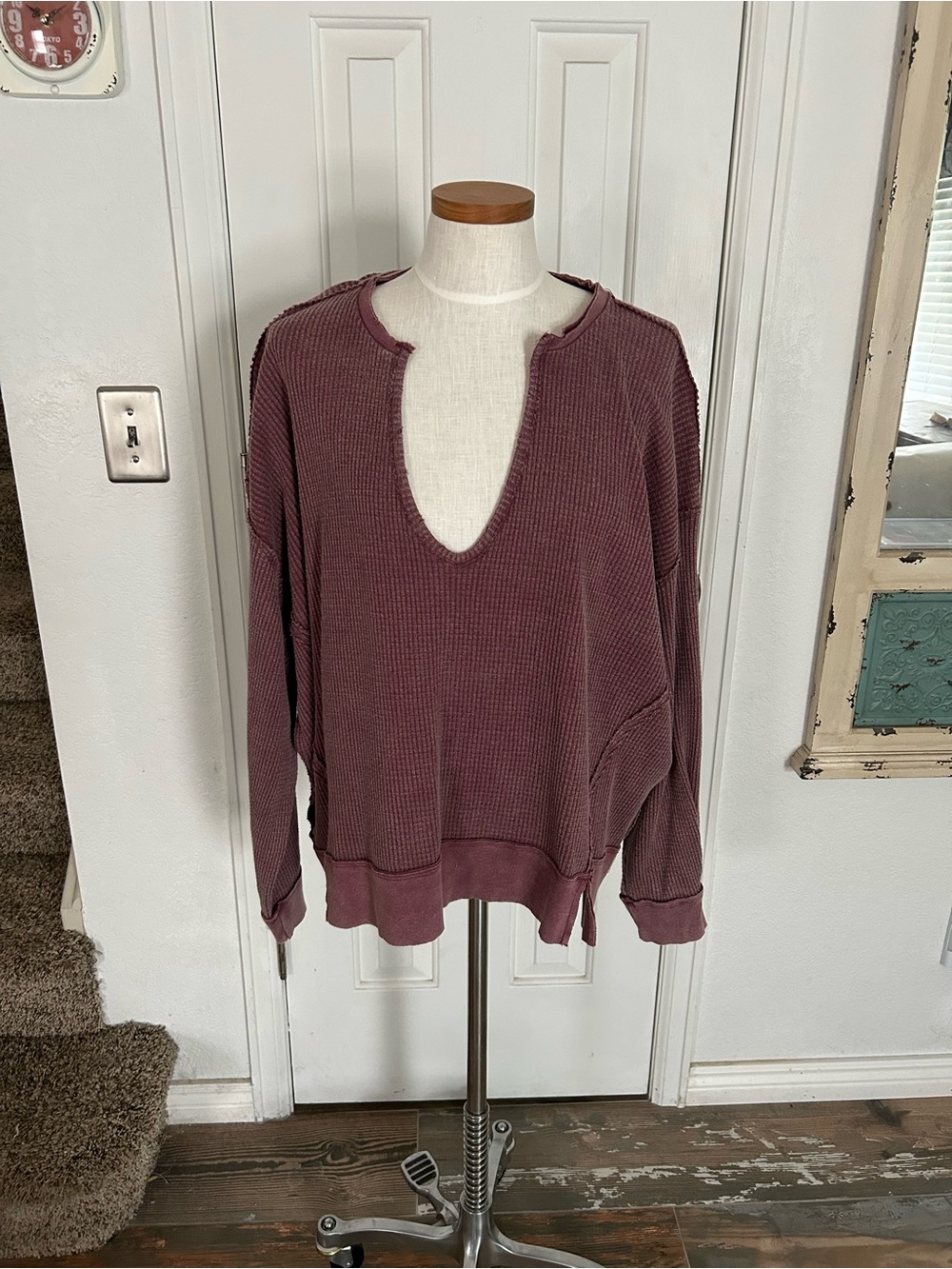 We The Free Waffle Knit Scoop V Pullover - Dusty Mauve